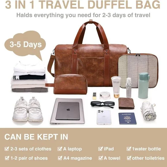 3-in-1 Leather Duffle Bag for Travel with Toiletry Bag and Shoe Compartment, Wee